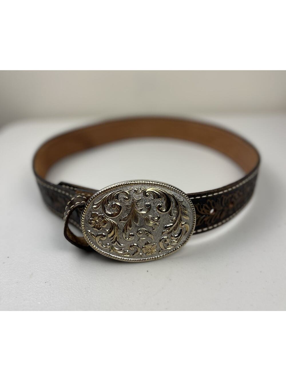 Vintage Chambers Belt Co Phoenix 24K Gold Plate Floral Oval Buckle Tooled Leathe